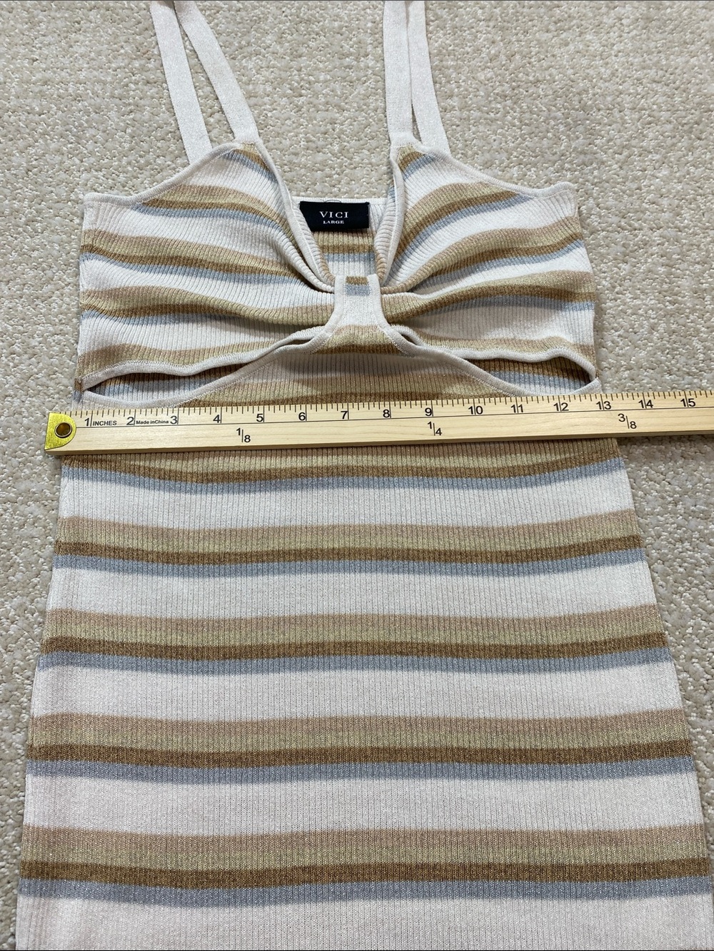 Vici Beige and White Striped Twist Cutout Midi Dress Stretch Size L 79% Viscose - Picture 11 of 16
